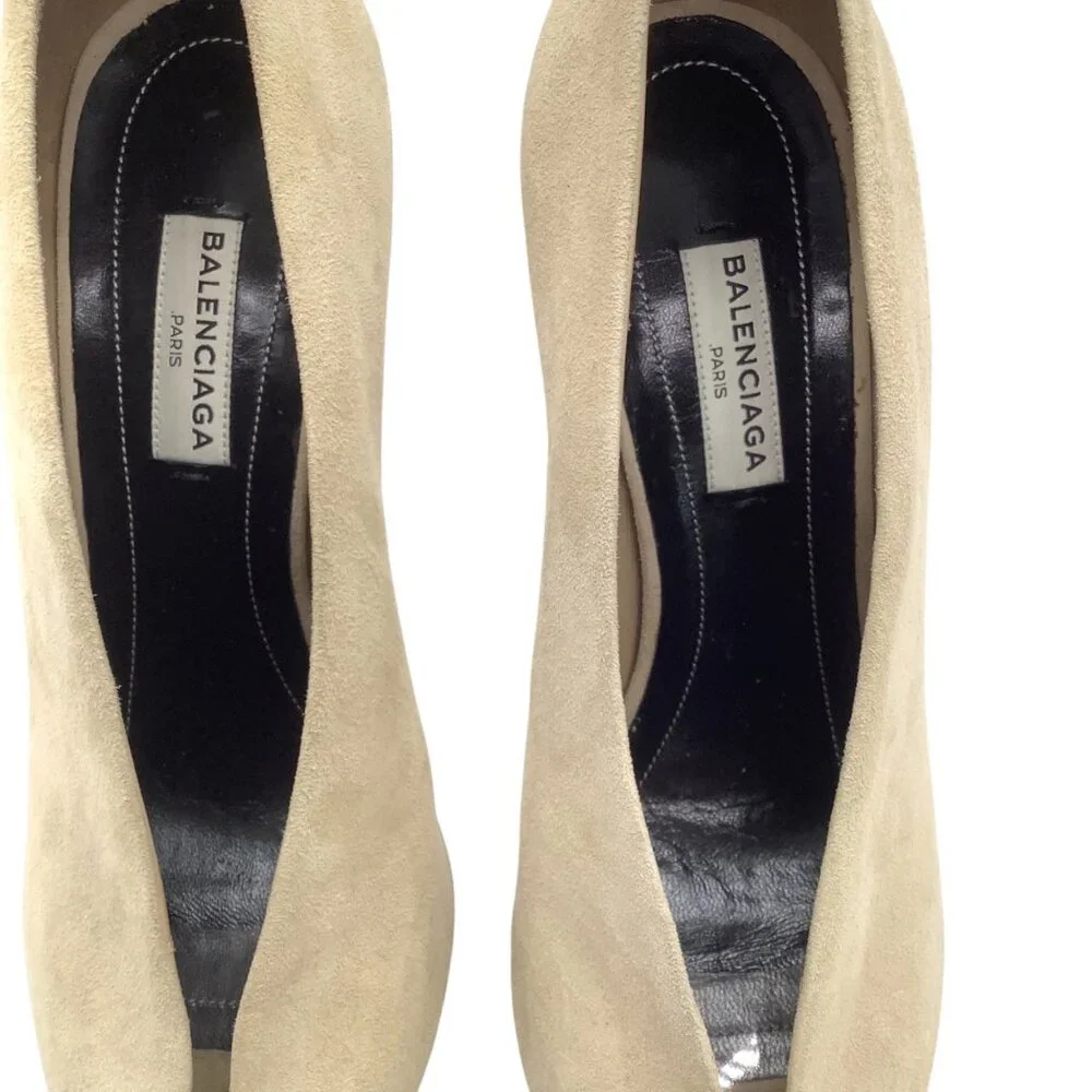 BALENCIAGA Split Vamp Stiletto Pumps 36 6 Booties Peep Toe Suede Neutral Beige